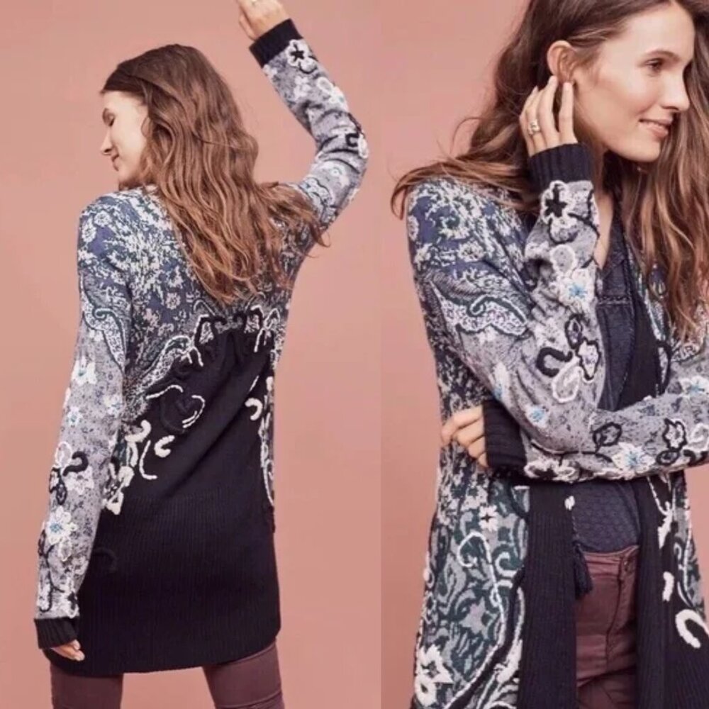 Anthropologie HWR Monogram Emma embroidered wool waterfall Cardigan Sweater M